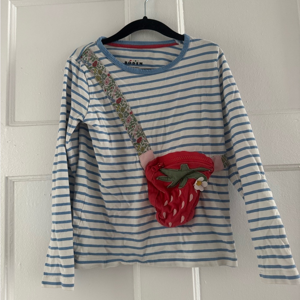 Boden Kids 6/7 Blue and White Striped Long Sleeve with Strawberry Accent